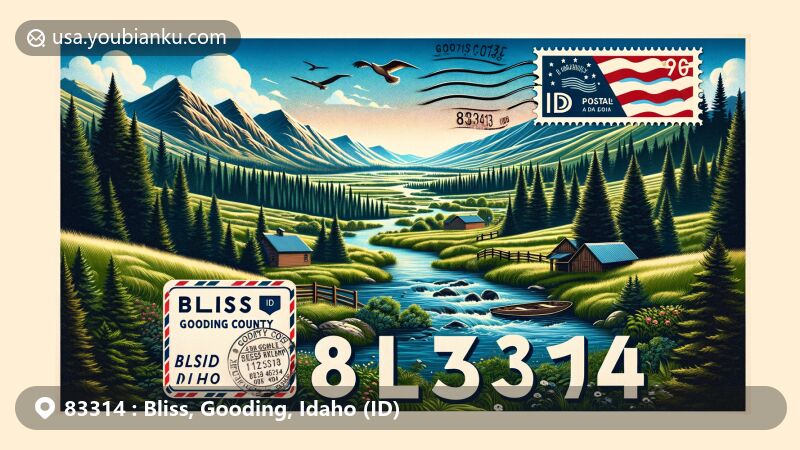 Modern illustration of Bliss, Gooding County, Idaho, incorporating ZIP code 83314 and postal elements with a scenic backdrop of mountains, forests, and streams, capturing the essence of small-town tranquility and community atmosphere.