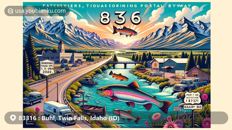 Modern illustration of Buhl, Idaho, ZIP code 83316, showcasing semi-arid climate, Rocky Mountains backdrop, rainbow trout symbolizing 'Trout Capital of the World,' U.S. Route 30 connectivity, and postcard theme with ZIP code '83316' and founding year 1906.