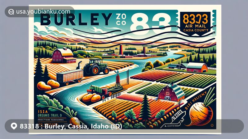 Modern illustration of Burley, Cassia County, Idaho, showcasing postal theme with ZIP code 83318, featuring Snake River, Oregon Trail, and California Trail in a vibrant landscape.
