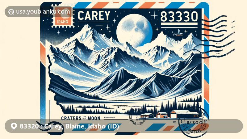 Modern illustration of Carey, Idaho, featuring a map outline, ZIP code 83320, Craters of the Moon National Monument, and Sawtooth Mountains.