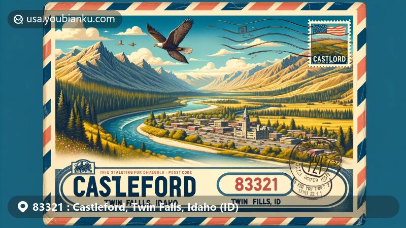 Modern illustration of Castleford, Twin Falls County, Idaho, featuring a vintage-style airmail envelope with subtle travel-worn edges and corners, showcasing intricate Castleford motifs representing the region's natural beauty and outdoor activities like fishing and camping, including picturesque Snake River Valley. Idaho state flag waving in the background emphasizes state identity. Elegant display of the postal code '83321' in a prominent font at the top or bottom of the illustration. Postal elements include a stamp in one corner depicting iconic views or symbols of Castleford, and a postal mark in the top right corner stating 'Castleford, ID 83321' with the current date. Overall style is a blend of vintage postal charm and fresh, modern aesthetics suitable for web use.