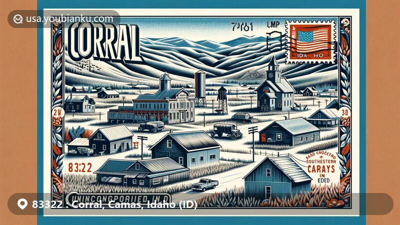 Modern illustration of Corral, Camas, Idaho, with postal theme for ZIP code 83322, showcasing historical buildings like Corral Store, residences, barns, and schoolhouse, capturing rich local history and community spirit.