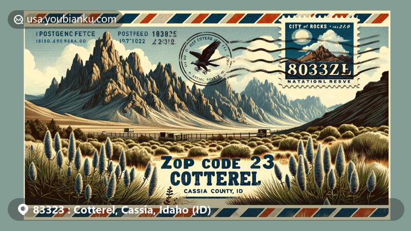 Modern illustration of Cotterel, Cassia County, Idaho, showcasing Cotterel Mountains, City of Rocks National Reserve, vintage air mail envelope, postal stamp, postmark, and sagebrush.