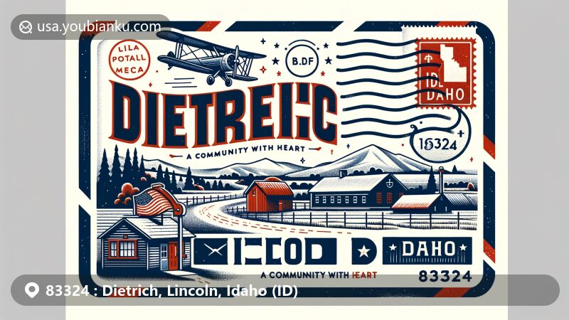 Modern illustration of Dietrich, Lincoln County, Idaho, featuring scenic view and vintage air mail theme, showcasing town's charm and ZIP code 83324, incorporating symbols related to postal theme and town's motto.