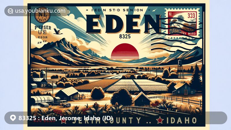 Modern illustration of Eden, Jerome County, Idaho, highlighting postal theme with ZIP code 83325, featuring tranquil natural scenery and local environment.