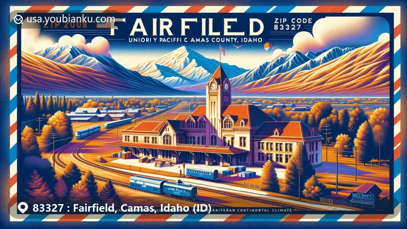 Modern illustration of Fairfield, Camas County, Idaho, highlighting ZIP code 83327 and Union Pacific Railway Depot amid snow-capped mountains and arid plains, with vintage airmail envelope design.