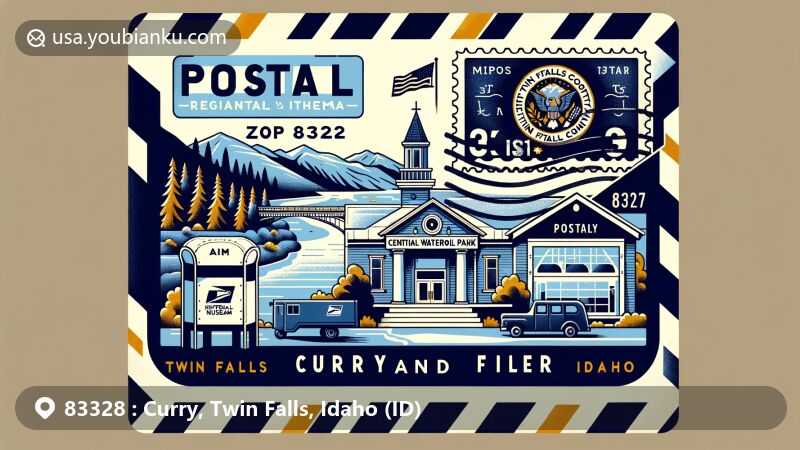 Modern illustration of Curry and Filer area, Twin Falls County, Idaho, highlighting ZIP code 83328 with airmail envelope, stamp, postmark, and Idaho state flag.