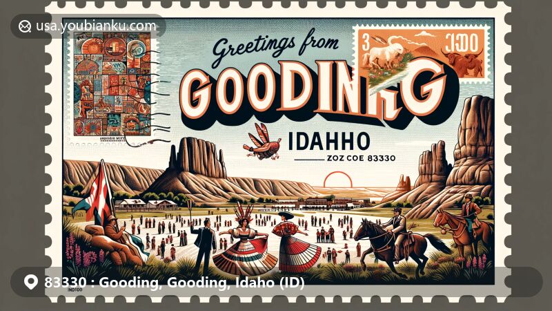 Modern illustration of Gooding, Idaho, showcasing the stunning landscape of the Little City of Rocks and the vibrant Basque festival, complemented by a vintage postage stamp with the Idaho state flag.