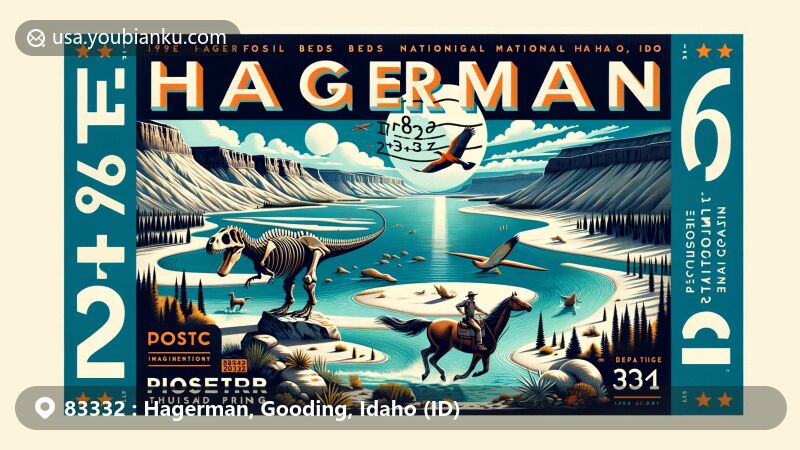 Modern illustration of Hagerman area, Idaho, featuring Hagerman Fossil Beds National Monument with Hagerman Horse fossils, Snake River, and Thousand Springs, integrated postal theme with ZIP code 83332.