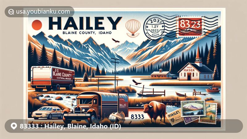Modern illustration of Hailey, Blaine County, Idaho, featuring Wood River Valley's mountain landscapes, Blaine County Historical Museum, postal elements, and outdoor activities, reflecting the area's rich history and natural beauty.