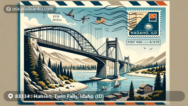 Modern illustration of Hansen Bridge over the Snake River in Idaho, framed within a vintage airmail envelope, highlighting the bridge as a landmark in Hansen, Idaho, under clear skies. Postage stamp featuring Idaho state flag and postmark '83334 Hansen, ID' enrich the postal theme.