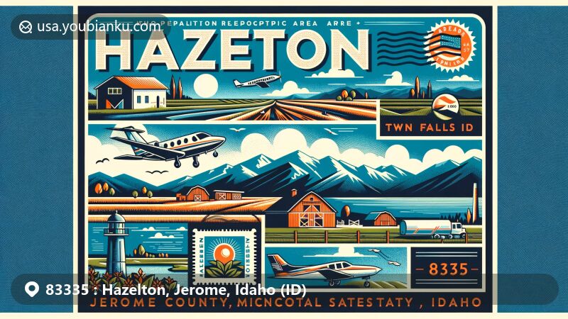 Modern illustration of Hazelton, Jerome County, Idaho, with iconic postal elements for ZIP code 83335, showcasing city's charm and Idaho's rural landscape.