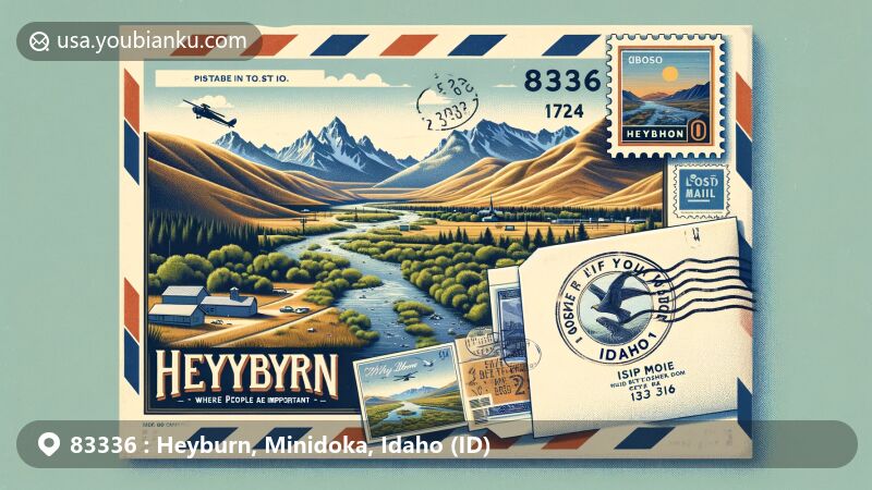 Modern illustration of Heyburn, Idaho, featuring ZIP code 83336, showcasing Albion Mountains and Snake River with vintage air mail envelope, Idaho state flag stamp, and Heyburn's motto.