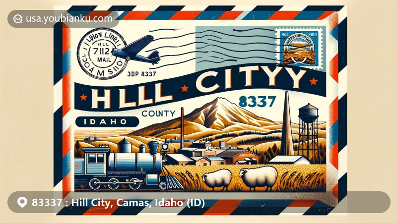 Modern illustration of Hill City, Idaho, featuring postal theme and Idaho state flag, with Camas County outline and Bennett Mountain in the background, showcasing area's history with Oregon Short Line Railroad, sheep, and grain elevators, emphasizing sheep shipping. ZIP code 83337, postal stamp, symbolizing natural beauty.