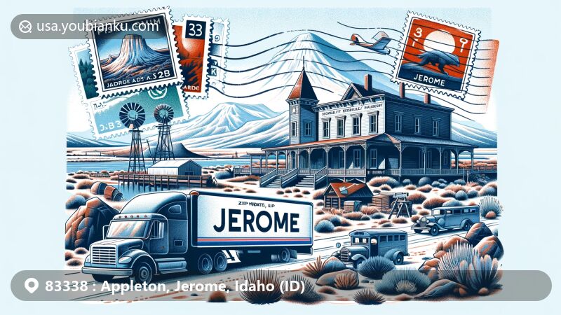 Creative depiction of Jerome, Idaho, with ZIP code 83338, showcasing regional history at Jerome County Historical Museum, including Hunt Japanese American Relocation Center and North Side Irrigation Project, against a backdrop of semi-arid desert and basalt formations typical of southern Idaho.
