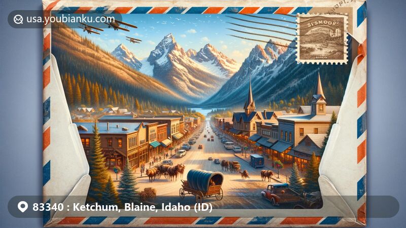 Modern illustration of Ketchum, Idaho, showcasing postal theme with ZIP code 83340, featuring the Sun Valley Resort, mining heritage, and natural beauty of the Rocky Mountains.