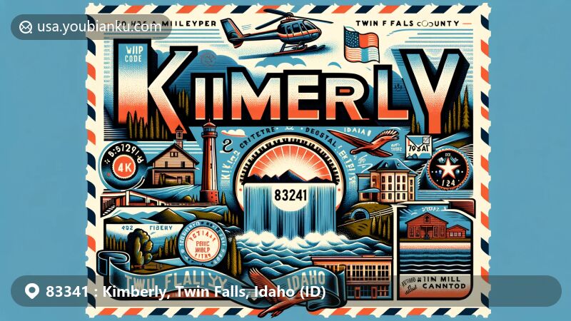 Modern illustration of Kimberly, Idaho, showcasing postal theme with ZIP code 83341, featuring small-town charm, Twin Falls County setting, and elevation of 3,924 feet above sea level.