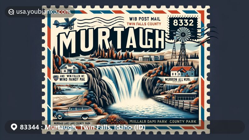 Modern illustration of Murtaugh, Twin Falls County, Idaho, incorporating iconic landmarks Caldron Linn waterfall, Murtaugh Lake County Park, and elements representing Idaho, featuring vintage airmail envelope background and postage stamp with Milner Dam Wind Park, showcasing ZIP code 83344.