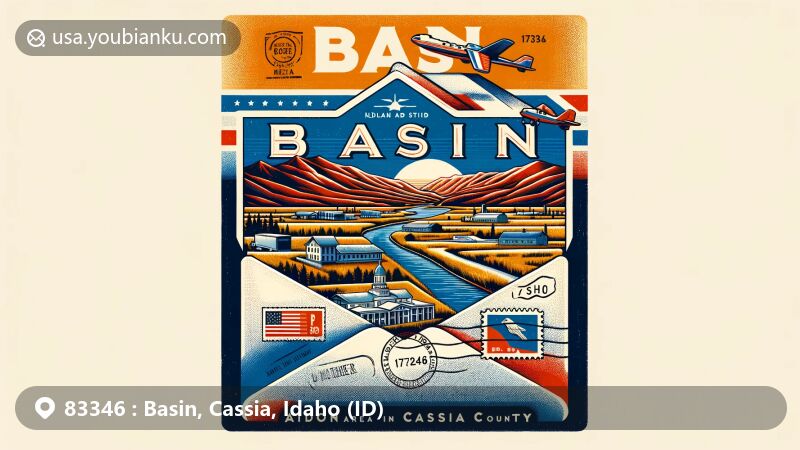Modern illustration of Basin, Cassia County, Idaho, with vintage airmail envelope theme, showcasing ZIP code 83346, Idaho state flag, Cassia County outline, Oakley Historic District, and Albion State Normal School.