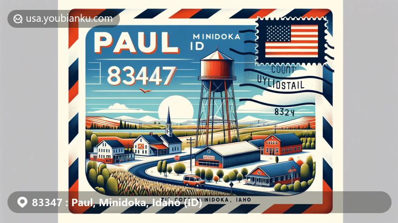 Modern illustration of Paul, Minidoka County, Idaho, featuring a scenic view with small-town charm and agricultural background. Includes Idaho state flag, Minidoka County outline, water tower, and airmail envelope with ZIP code 83347.
