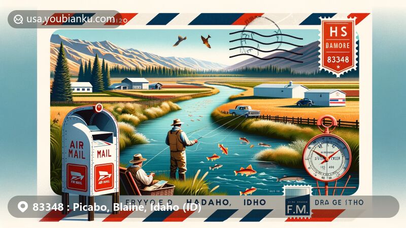 Modern illustration of Picabo, Idaho, showcasing serene Silver Creek favored by fly fishermen, Ernest Hemingway fishing, ranches, Idaho state flag, and postal details with ZIP code 83348.