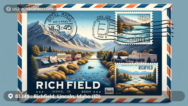 Modern illustration of Richfield, Lincoln County, Idaho (ID), highlighting tranquil setting against clear blue sky with stunning mountain views, Snake River Canyon, and semi-arid climate. Features vintage air mail envelope with postcard of landscape, stamp of geographical outline, cancellation mark 'Richfield, ID 83349,' and community spirit. Suitable for web use.