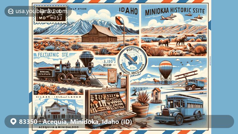 Modern illustration of Acequia, Minidoka County, Idaho, showcasing postal theme with ZIP code 83350, featuring Minidoka National Historic Site and local cultural artifacts.