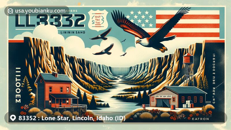 Vintage-style illustration of Lone Star area in Lincoln County, Idaho, featuring Darrah House, Water Tank House, Nelson Snake River Birds of Prey National Conservation Area, and Idaho state flag.