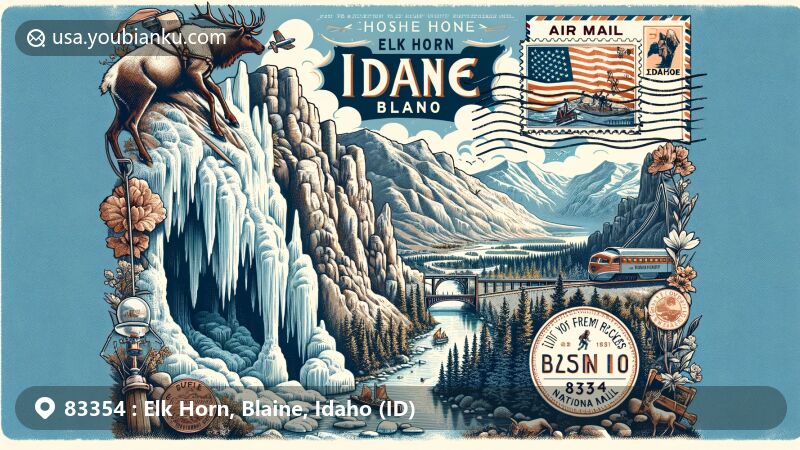 Modern illustration of Elk Horn, Blaine, Idaho, featuring Shoshone Ice Caves, City of Rocks National Reserve, and Salmon River in a postal theme with Idaho state flag stamp and unique granite formations.
