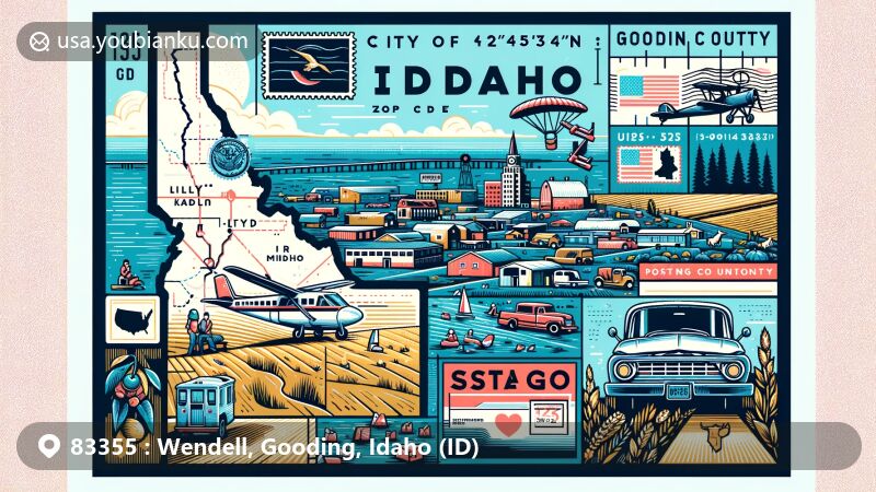 Modern illustration of Wendell, Idaho, featuring ZIP code 83355, incorporating geographical coordinates, city symbols, vintage air mail elements, and highlighting its location within Gooding County and the state of Idaho.