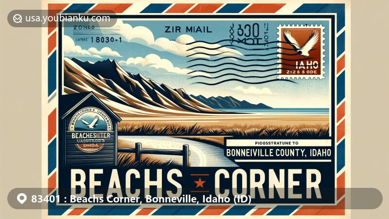 Modern illustration of Beachs Corner, Bonneville County, Idaho, featuring postal theme with ZIP code 83401, incorporating regional elements and Idaho state symbols.