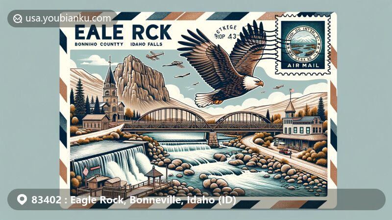 Modern illustration of Eagle Rock, Bonneville County, Idaho, showcasing iconic elements including Eagle Rock Crossing, Bonneville County seal, Idaho Falls, eagle-themed stamp, and postal references.