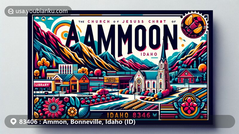 Modern illustration of Ammon, Idaho, showcasing postal theme with ZIP code 83406, highlighting city's historical roots, agriculture, Church of Jesus Christ of Latter-day Saints connection, and scenic Rocky Mountains backdrop.