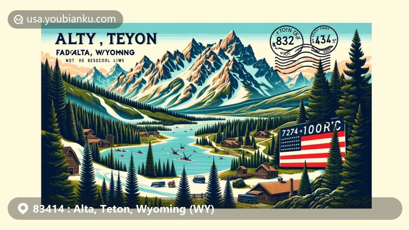 Modern illustration of Alta, Teton, Wyoming, showcasing the scenic beauty of the Teton Crest Trail, Grand Targhee Resort, and Jackson Lake, with a postal theme and ZIP code 83414.