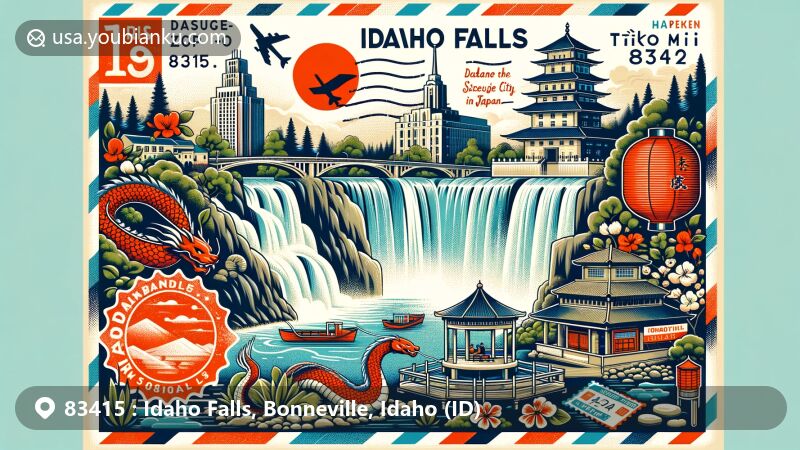 Modern illustration of Idaho Falls, Idaho, incorporating iconic elements like Snake River and falls, Japanese Friendship Garden with cultural symbols, and Idaho Falls Mormon temple silhouette, all intertwined with postal motifs, showcasing ZIP Code 83415.