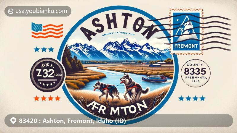 Modern illustration of Ashton, Fremont County, Idaho, styled as an air mail envelope featuring the iconic Henry's Fork of the Snake River and the Grand Teton Mountain Range, with a postal stamp showcasing the American Dog Derby.