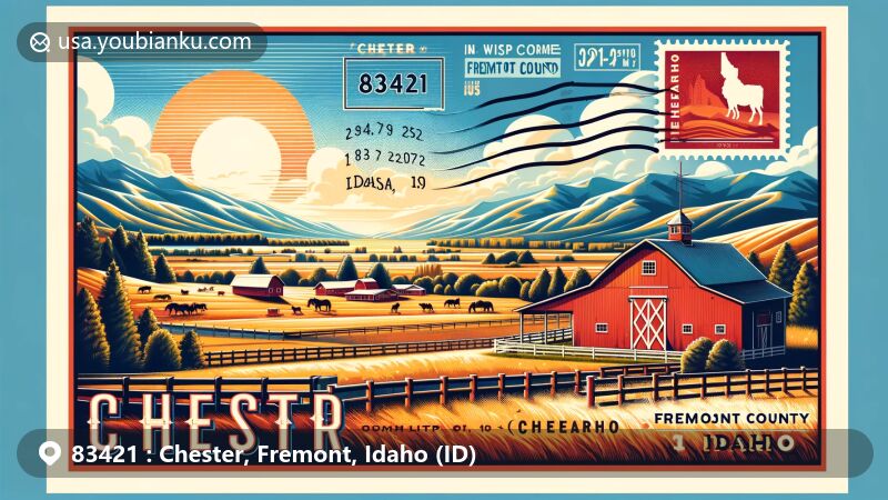 Modern illustration of Chester, Fremont County, Idaho, featuring rural landscape with farms, ranches, and a red barn, alongside postal elements like a postcard format, Idaho state flag stamp, and postal mark.