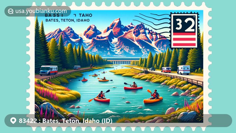Modern illustration of Bates, Teton, Idaho, showcasing Teton River, kayaking, paddleboarding, and iconic Teton Mountains with whimsical postage stamp and airmail envelope.