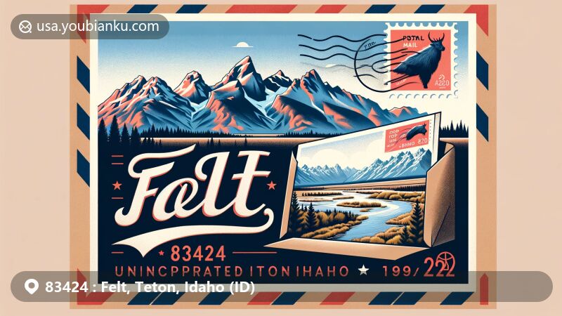 Contemporary illustration representing Felt, Teton County, Idaho, featuring modern air mail envelope revealing postcard of Felt landscape with Teton Mountain Range as backdrop and postal stamp highlighting Idaho and ZIP code 83424.