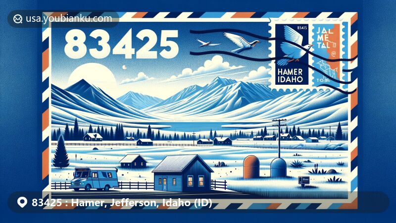 Modern illustration of Hamer, Idaho showcasing postal theme with ZIP code 83425, featuring cold semi-arid landscape, local community, and modern postal envelope with Idaho state symbols.