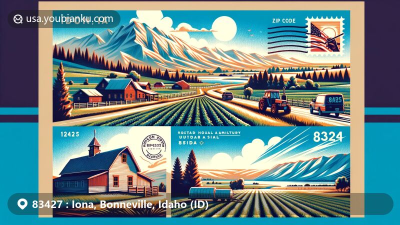 Modern illustration of Iona, Idaho, showcasing rural landscape with agricultural heritage, mountain backdrops, and iconic Iona Meetinghouse, capturing the area's tranquility and outdoor lifestyle.