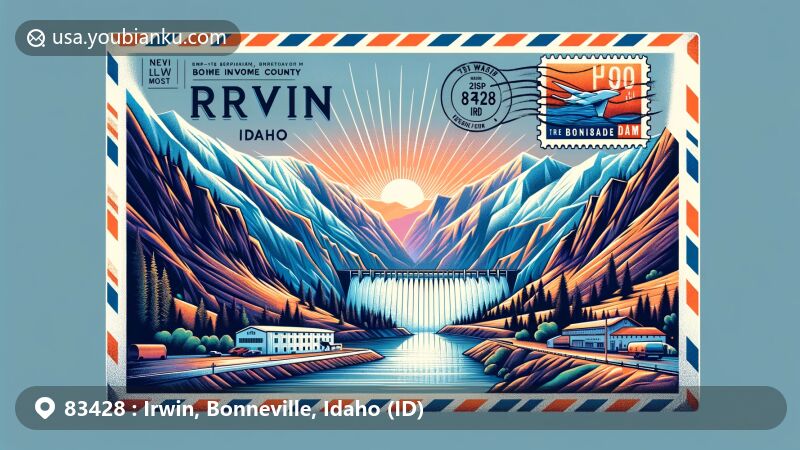 Creative illustration of Irwin, Bonneville County, Idaho, inspired by ZIP Code 83428, featuring Rocky Mountains, Palisades Dam, and postal symbols.