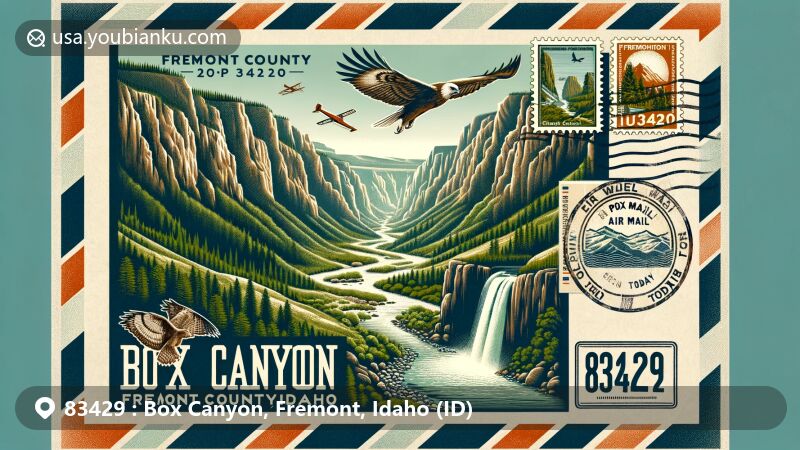 Modern illustration of Box Canyon, Fremont County, Idaho, showcasing rugged landscapes, cascading waterfalls, wildlife, and Native American history, integrated with postal theme featuring ZIP code 83429.