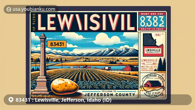 Modern illustration of Lewisville, Jefferson County, Idaho, showcasing agricultural landscape and potato industry significance, featuring historical marker from 1882 in Snake River Valley, Idaho state flag, and Jefferson County outline.