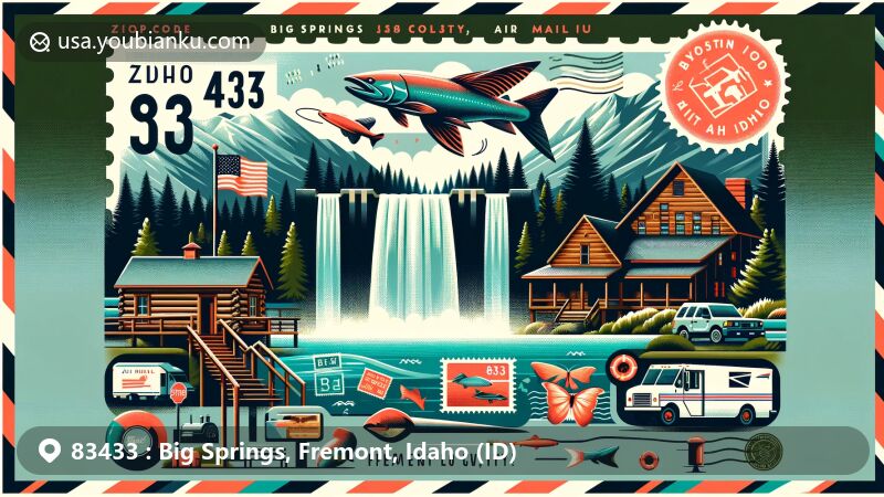 Unique postcard illustration for Big Springs, Fremont County, Idaho, featuring natural landscape and historical Johnny Sack Cabin, incorporating Idaho's state flag and postal elements like stamps, postmark with ZIP code 83433, mailbox, and mail truck.