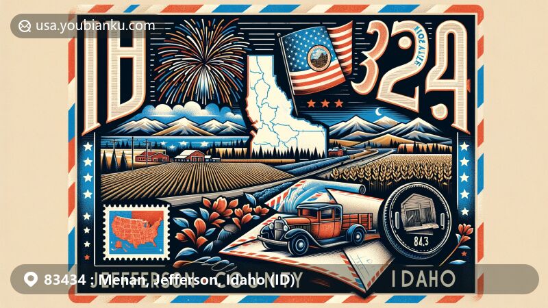 Creative illustration of Menan, Jefferson County, Idaho, with ZIP code 83434, capturing the essence of Fourth of July celebrations and agricultural heritage, featuring Idaho state outline and vintage air mail envelope.