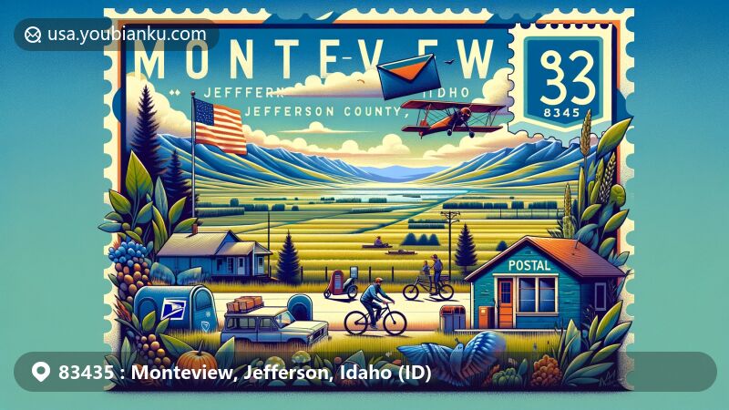 Modern illustration of Monteview, Jefferson County, Idaho, featuring ZIP code 83435, showcasing agricultural essence and recreational opportunities, with subtle Idaho state flag integration.