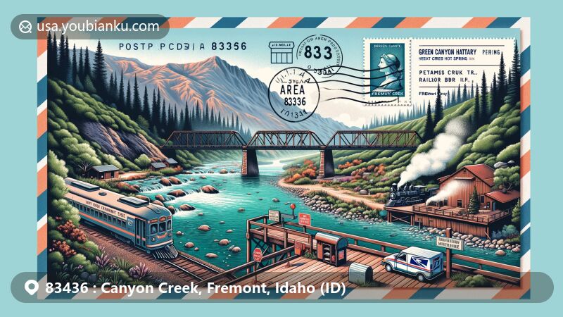 Modern illustration of Canyon Creek, Fremont County, Idaho, displaying postal theme with ZIP code 83436, featuring Green Canyon Hot Springs and Conant Creek Pegram Truss Railroad Bridge.