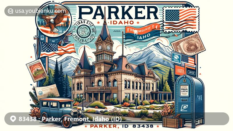 Modern illustration of Parker, Idaho, 83438, featuring the historical Fremont County Courthouse in a vintage postcard design with Idaho's natural beauty, including mountains and forests.