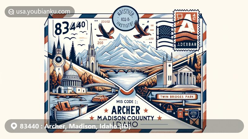 Modern illustration of Archer, Madison County, Idaho, showcasing postal theme with ZIP code 83440, featuring Idaho state flag, Rexburg Idaho Temple, and Twin Bridges Park.